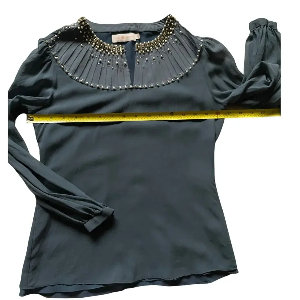 Tory Burch Silk Sheer Beaded/Pearl Top Slate Color Blue/grey Size 0 Classy Fem